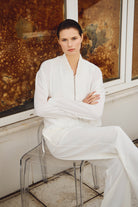 Diagonal-Büzgülü Kol Fermuarlı Bomber Ceket (Beyaz)-CEKET-2-Milagron.com