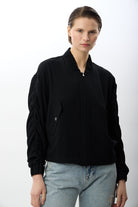 Diagonal-Büzgülü Kol Fermuarlı Bomber Ceket (Siyah)-CEKET-2-Milagron.com