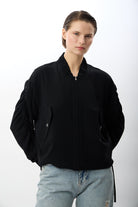 Diagonal-Büzgülü Kol Fermuarlı Bomber Ceket (Siyah)-CEKET-5-Milagron.com