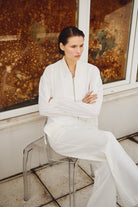 Diagonal-Büzgülü Kol Fermuarlı Bomber Ceket (Beyaz)-CEKET-6-Milagron.com