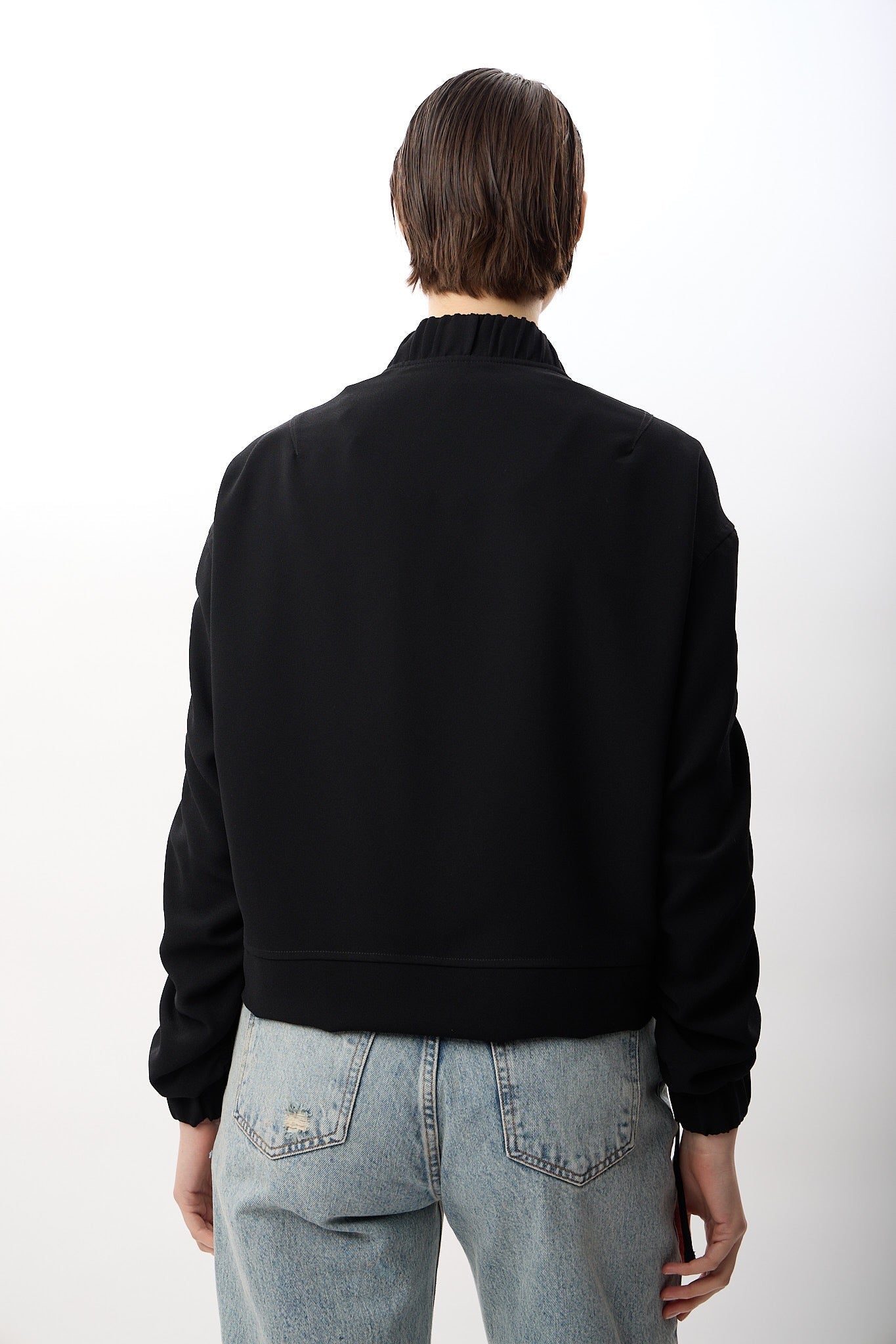 Diagonal-Büzgülü Kol Fermuarlı Bomber Ceket (Siyah)-CEKET-6-Milagron.com