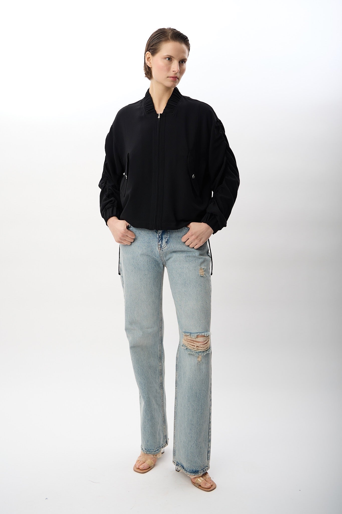 Diagonal-Büzgülü Kol Fermuarlı Bomber Ceket (Siyah)-CEKET-7-Milagron.com