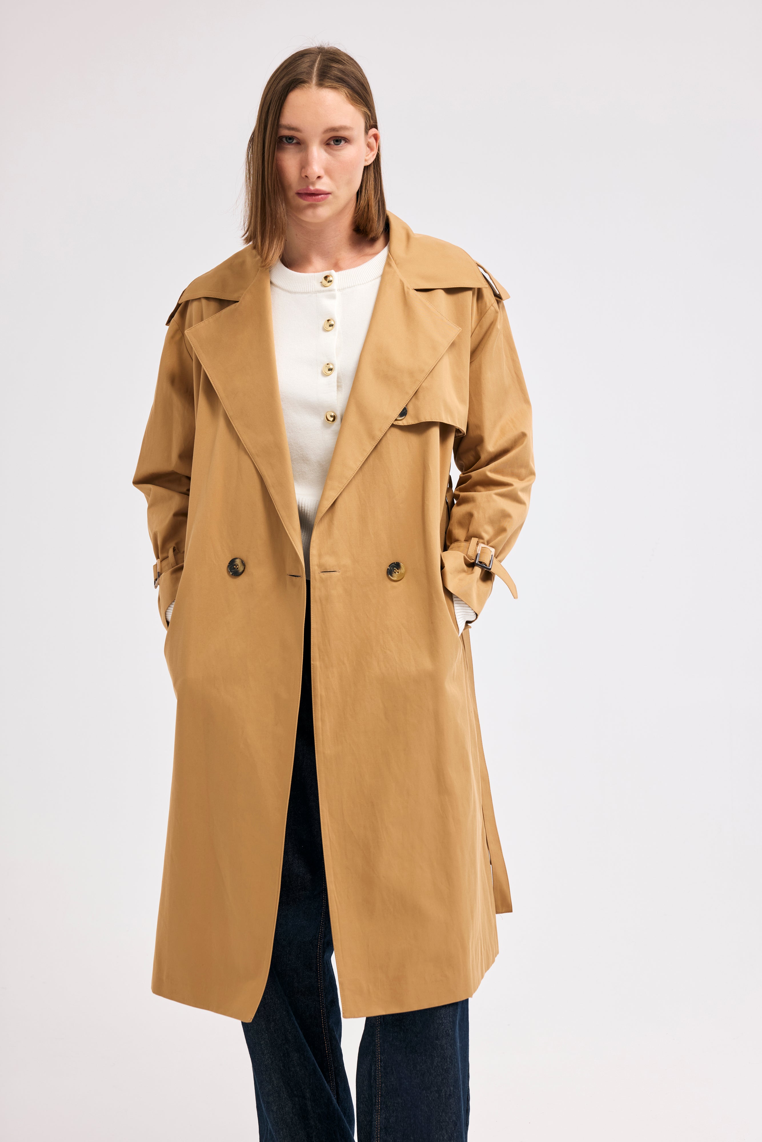 Diagonal-Kuşaklı Trenç Kot (Camel)-TRENÇ KOT-8-Milagron.com