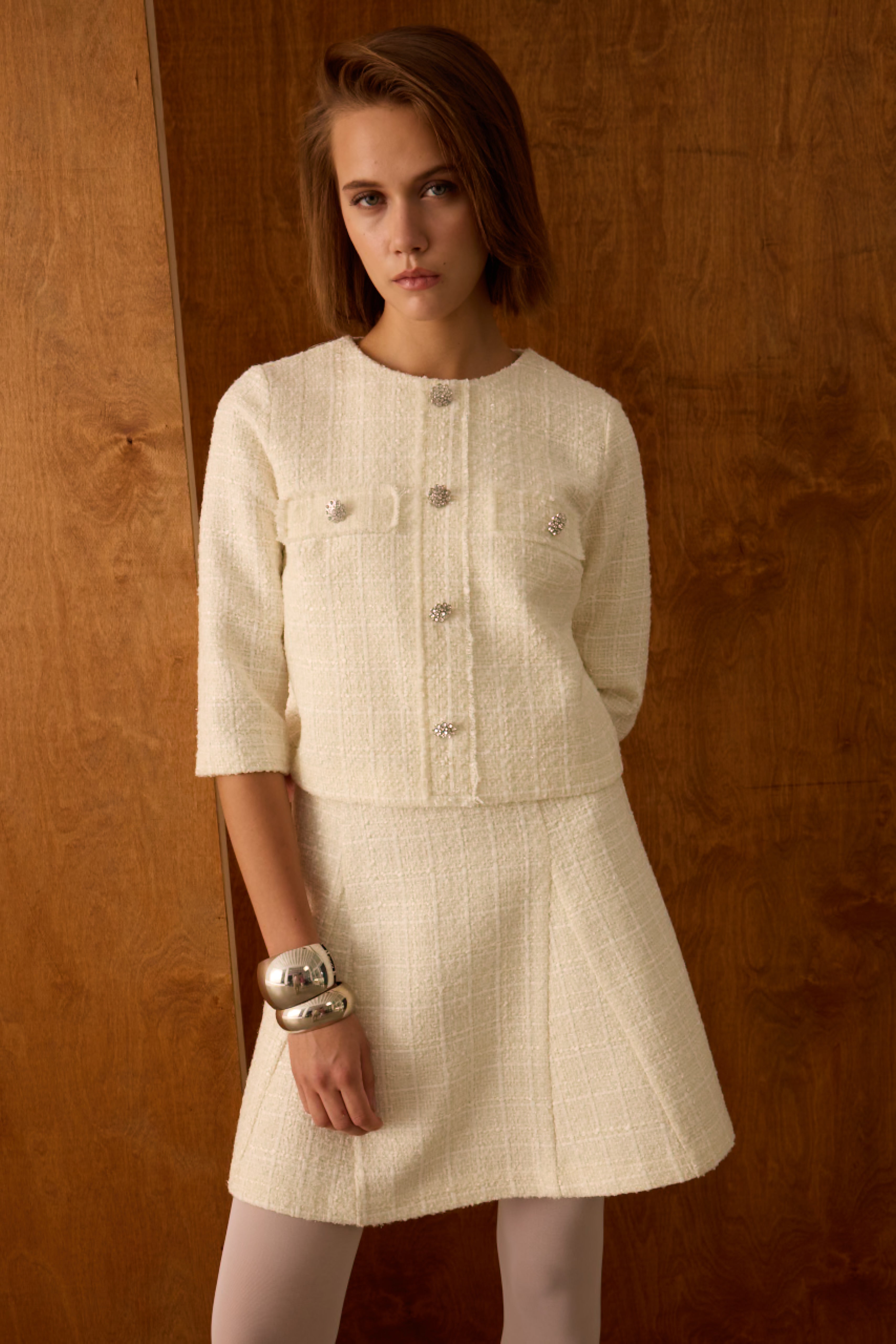 Diagonal-Ceket Elbise İkili Ekru Takım-Alt - Üst Takım-7-Milagron.com