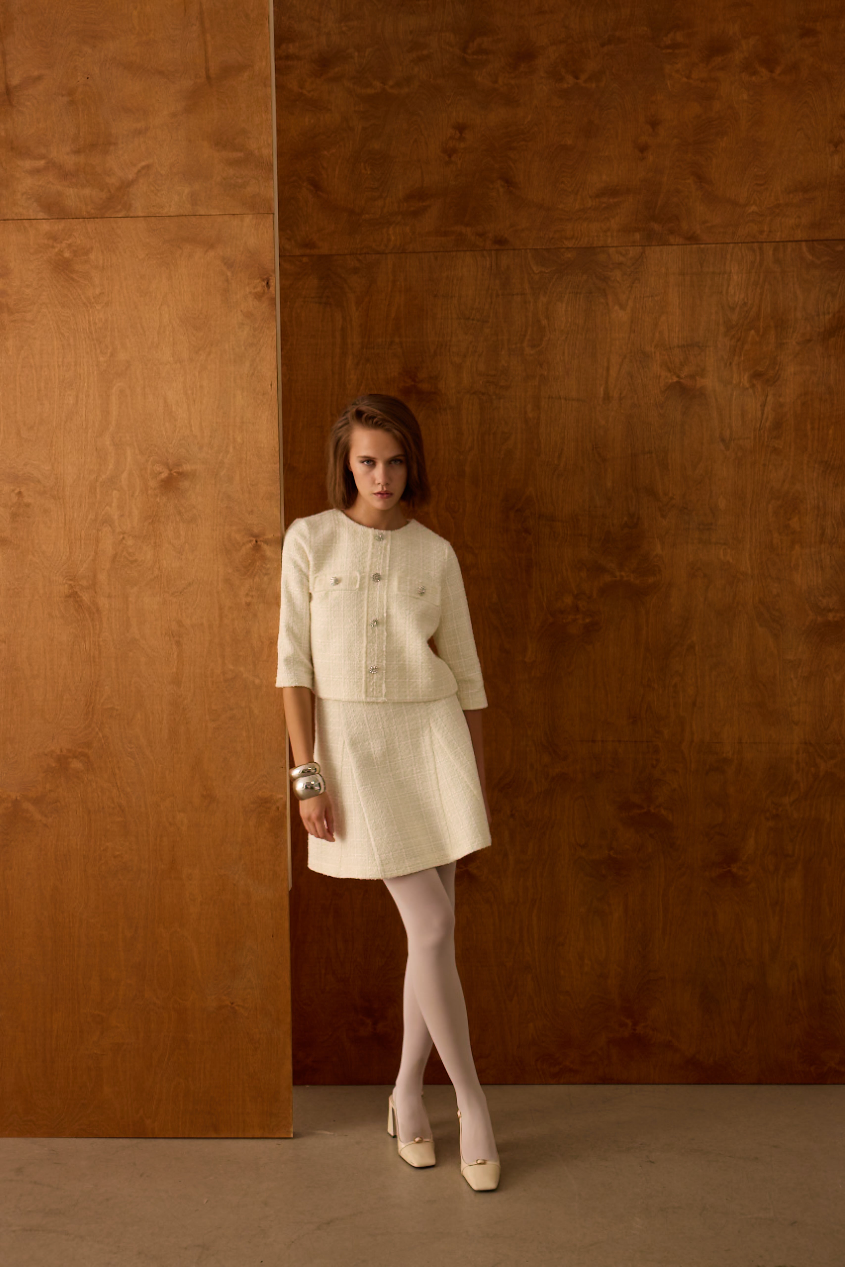 Diagonal-Ceket Elbise İkili Ekru Takım-Alt - Üst Takım-9-Milagron.com