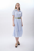 Diagonal-Çizgili Kemerli Gömlek Elbise-Elbise-1-Milagron.com