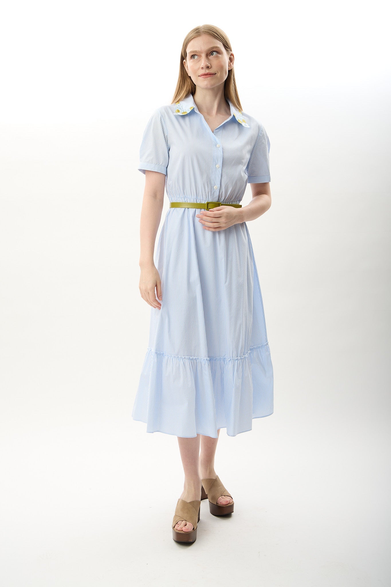 Diagonal-Çizgili Kemerli Gömlek Elbise-Elbise-8-Milagron.com