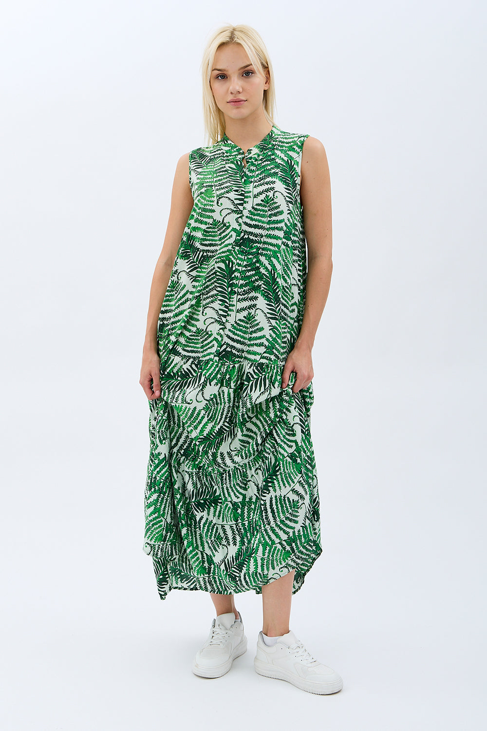 Diagonal-Desenli Maxi Boy Elbise (Yeşil)-ELBİSE-10-Milagron.com