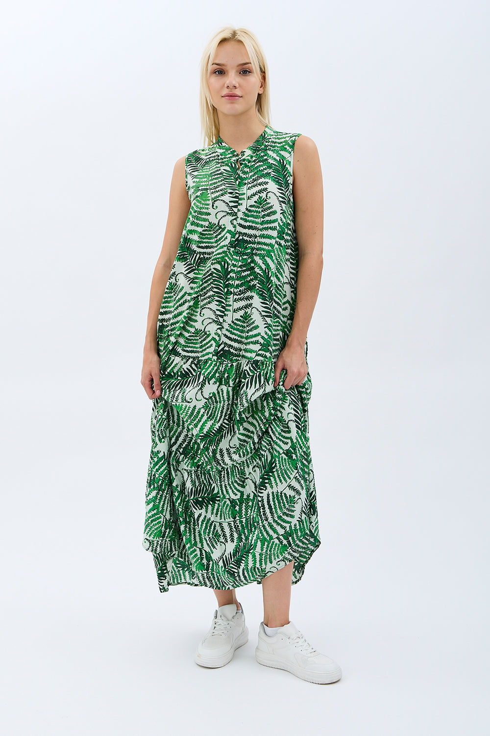 Diagonal-Desenli Maxi Boy Elbise (Yeşil)-ELBİSE-11-Milagron.com