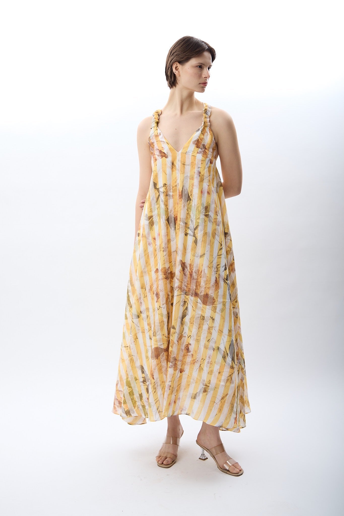 Diagonal-Desenli Ve Dökümlü Maxi Elbise (Sarı)-ELBİSE-10-Milagron.com