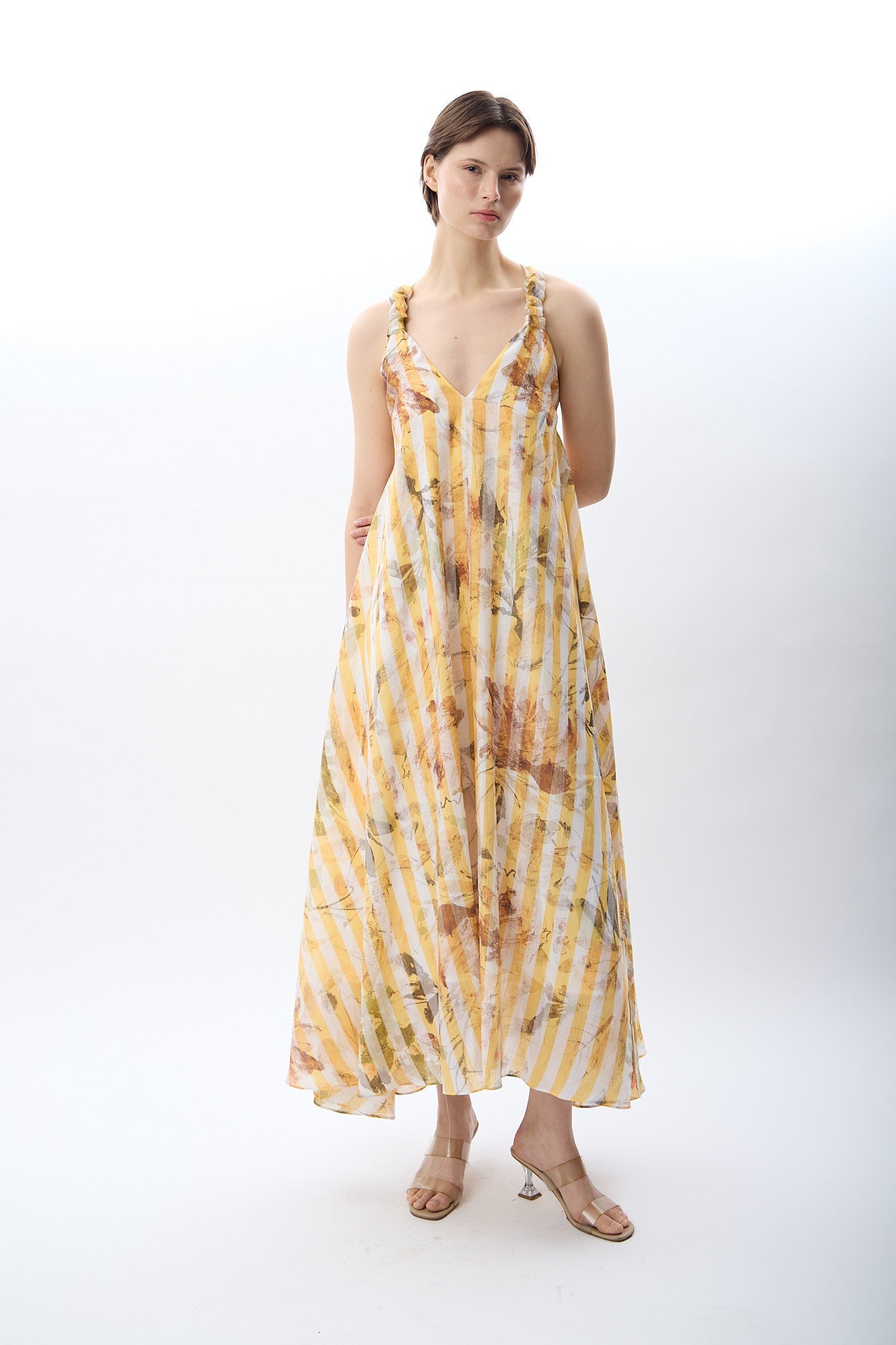 Diagonal-Desenli Ve Dökümlü Maxi Elbise (Sarı)-ELBİSE-1-Milagron.com