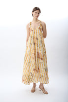 Diagonal-Desenli Ve Dökümlü Maxi Elbise (Sarı)-ELBİSE-1-Milagron.com