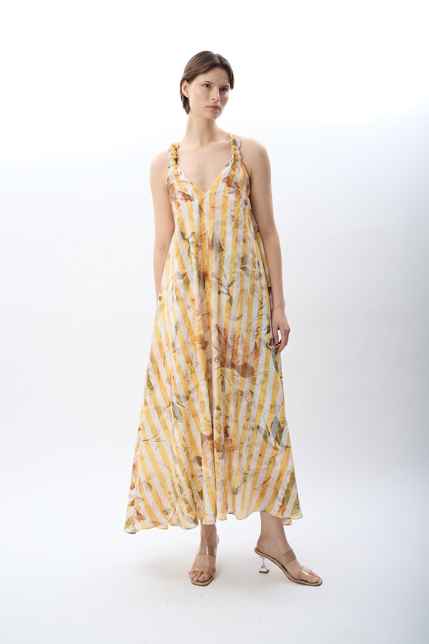 Diagonal-Desenli Ve Dökümlü Maxi Elbise (Sarı)-ELBİSE-4-Milagron.com