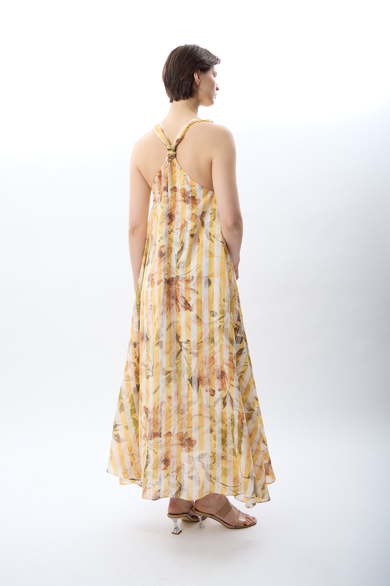 Diagonal-Desenli Ve Dökümlü Maxi Elbise (Sarı)-ELBİSE-5-Milagron.com