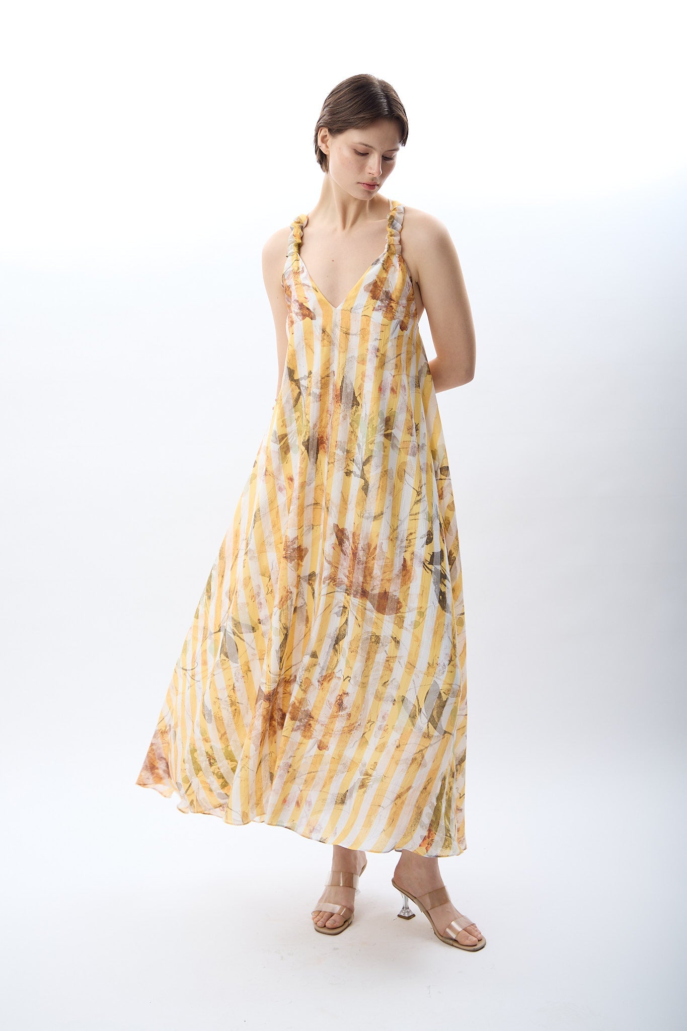 Diagonal-Desenli Ve Dökümlü Maxi Elbise (Sarı)-ELBİSE-6-Milagron.com