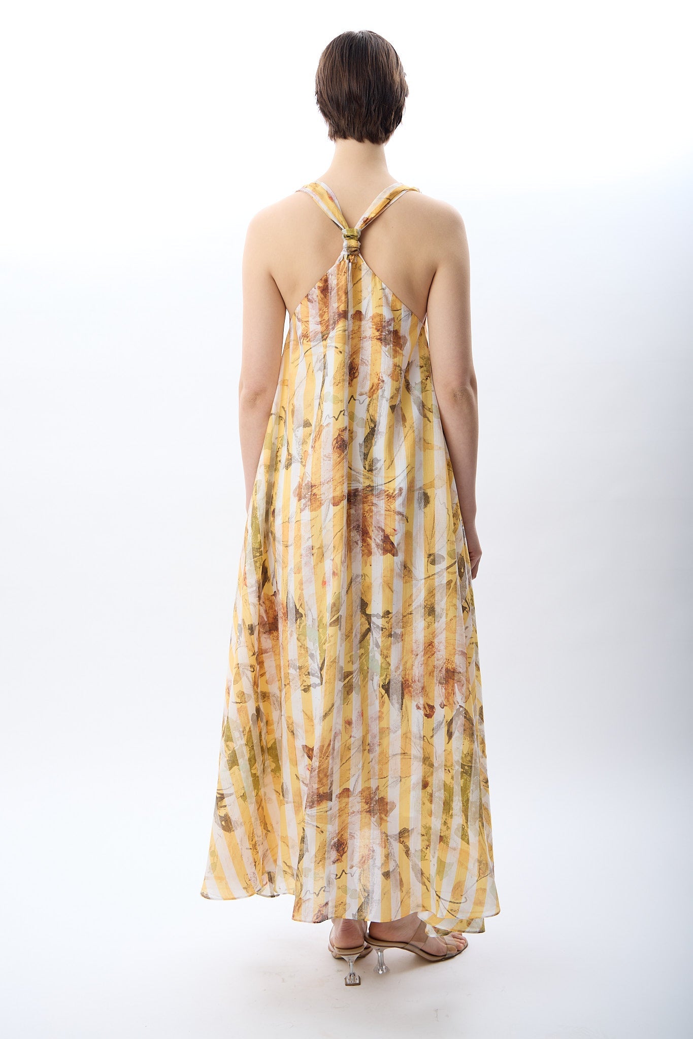 Diagonal-Desenli Ve Dökümlü Maxi Elbise (Sarı)-ELBİSE-8-Milagron.com