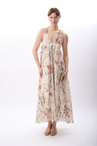 Diagonal-Desenli Ve Dökümlü Maxi Elbise (Bej)-ELBİSE-9-Milagron.com