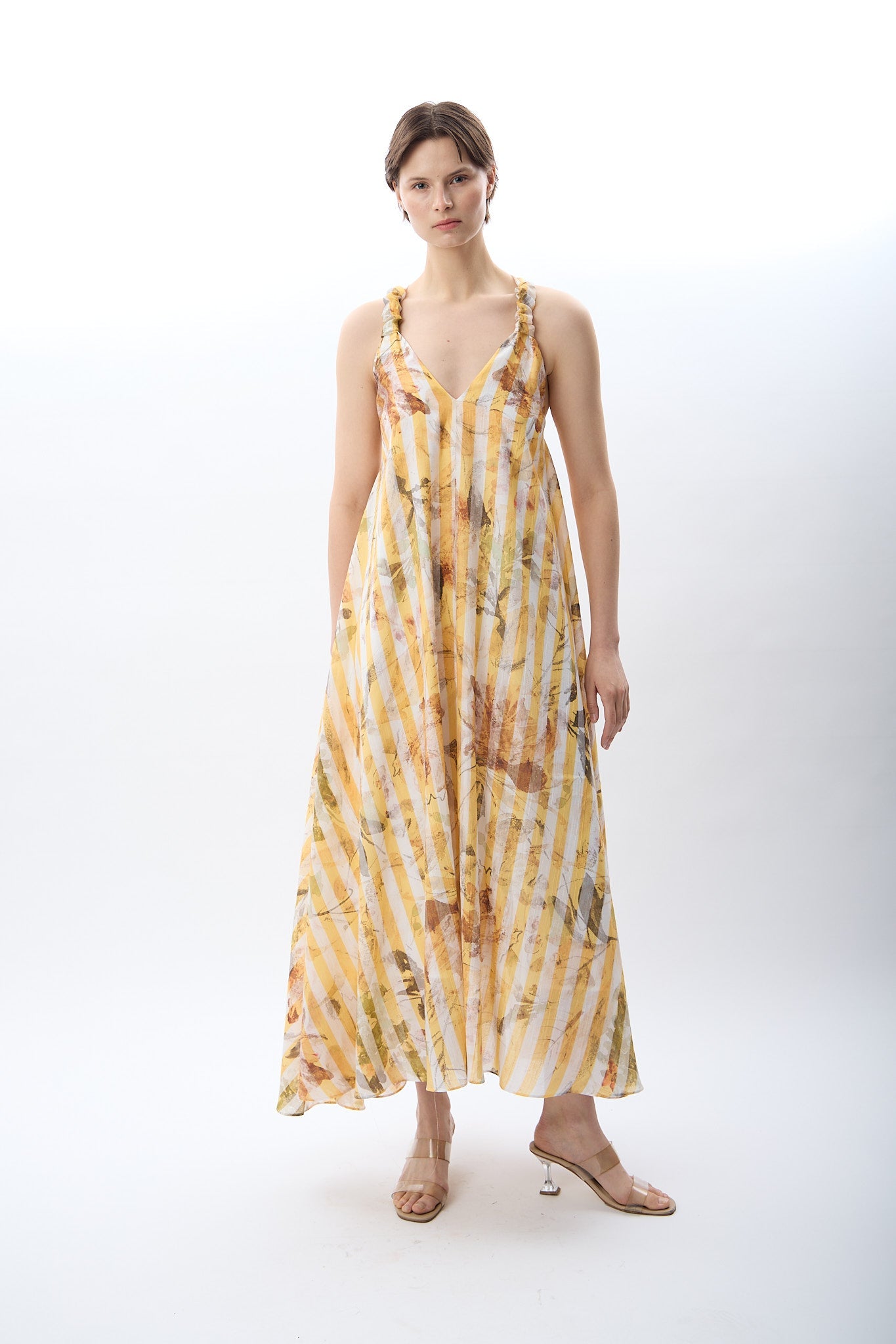 Diagonal-Desenli Ve Dökümlü Maxi Elbise (Sarı)-ELBİSE-9-Milagron.com