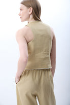 Diagonal-Düğmeli Keten Kolsuz Yelek (Bej)-YELEK-2-Milagron.com