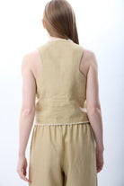 Diagonal-Düğmeli Keten Kolsuz Yelek (Bej)-YELEK-6-Milagron.com