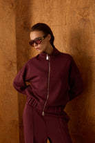 Diagonal-Fermuarlı Bordo Sweatshirt-Sweatshirts & Hoodies-5-Milagron.com