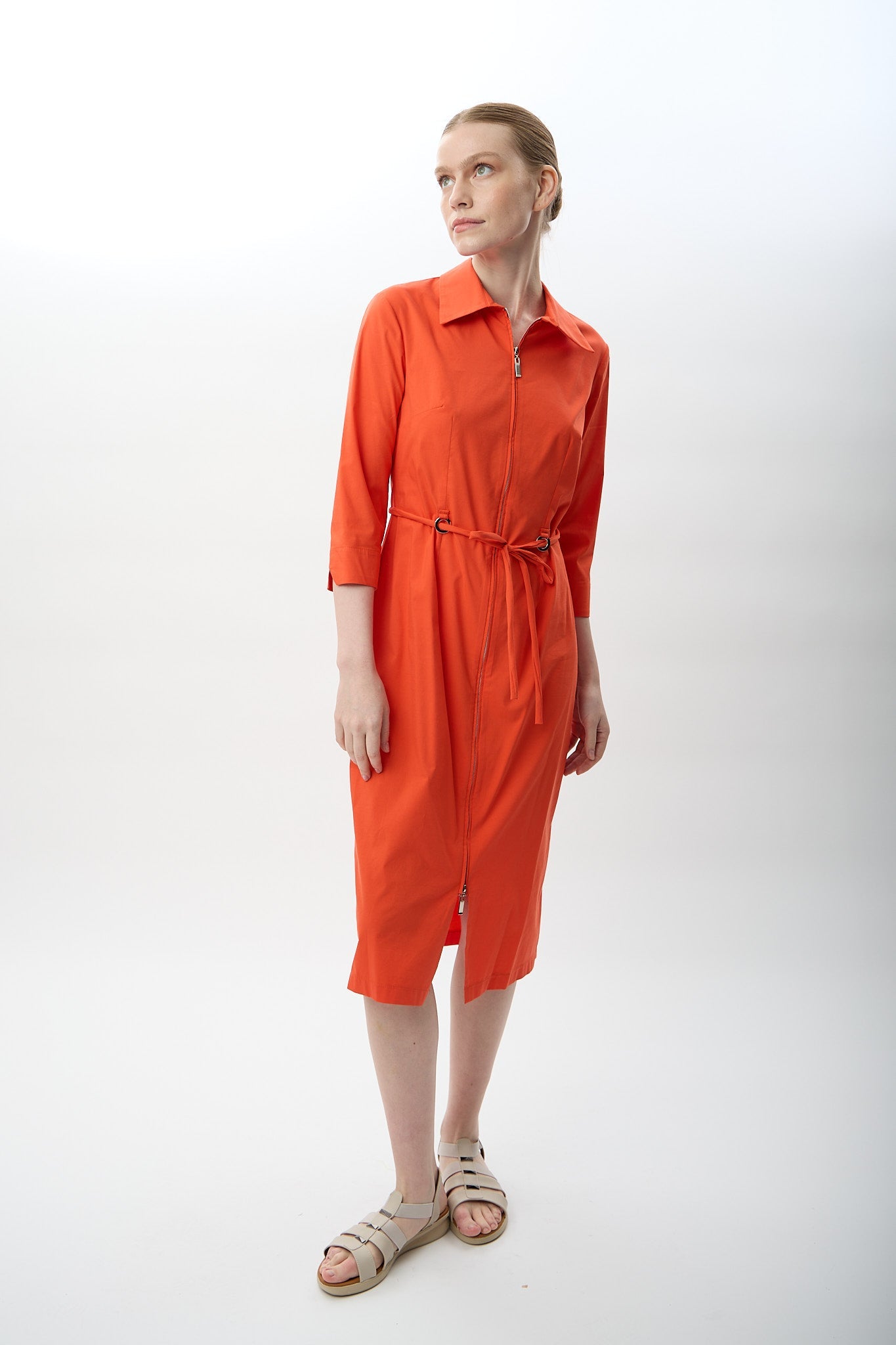 Diagonal-Fermuarlı Gömlek Yaka Elbise (Mercan)-ELBİSE-1-Milagron.com