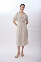 Diagonal-Gömlek Yaka Cepli Elbise (Bej)-ELBİSE-1-Milagron.com