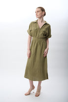 Diagonal-Gömlek Yaka Cepli Elbise (Haki)-ELBİSE-1-Milagron.com