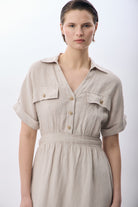 Diagonal-Gömlek Yaka Cepli Elbise (Bej)-ELBİSE-2-Milagron.com