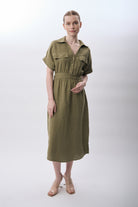 Diagonal-Gömlek Yaka Cepli Elbise (Haki)-ELBİSE-2-Milagron.com