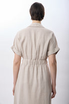 Diagonal-Gömlek Yaka Cepli Elbise (Bej)-ELBİSE-3-Milagron.com