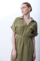 Diagonal-Gömlek Yaka Cepli Elbise (Haki)-ELBİSE-3-Milagron.com