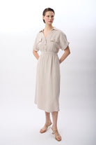Diagonal-Gömlek Yaka Cepli Elbise (Bej)-ELBİSE-4-Milagron.com