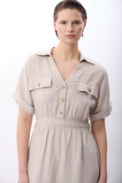 Diagonal-Gömlek Yaka Cepli Elbise (Bej)-ELBİSE-5-Milagron.com