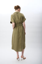 Diagonal-Gömlek Yaka Cepli Elbise (Haki)-ELBİSE-6-Milagron.com