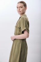 Diagonal-Gömlek Yaka Cepli Elbise (Haki)-ELBİSE-7-Milagron.com