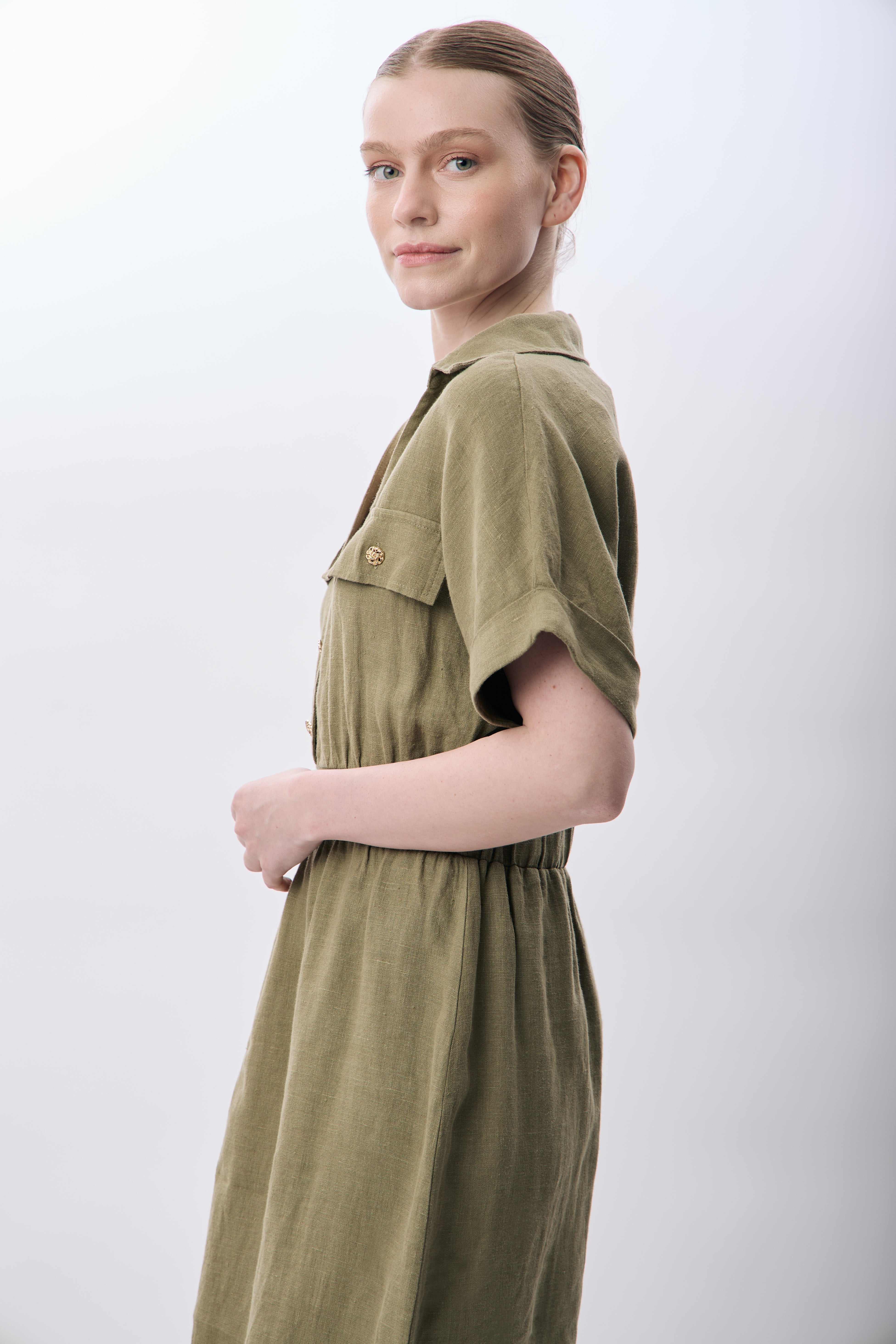 Diagonal-Gömlek Yaka Cepli Elbise (Haki)-ELBİSE-7-Milagron.com