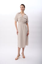 Diagonal-Gömlek Yaka Cepli Elbise (Bej)-ELBİSE-9-Milagron.com