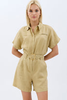 Diagonal-Gömlek Yaka Keten Tulum (Bej)-ELBİSE-1-Milagron.com