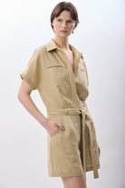 Diagonal-Gömlek Yaka Keten Tulum (Bej)-ELBİSE-11-Milagron.com