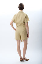 Diagonal-Gömlek Yaka Keten Tulum (Bej)-ELBİSE-17-Milagron.com