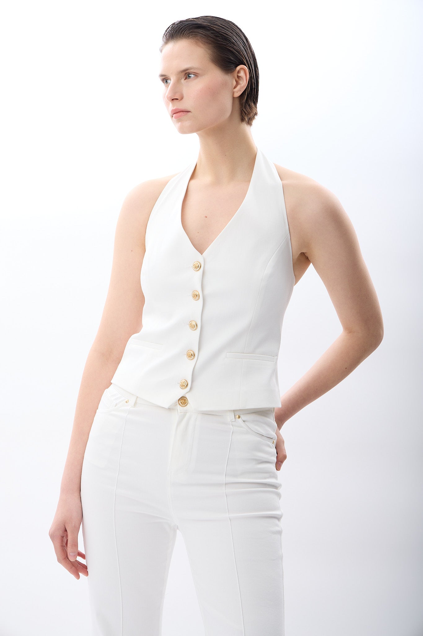 Diagonal-Halter Yaka Düğmeli Yelek-Yelek-1-Milagron.com