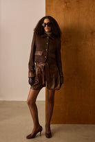 Diagonal-Kahverengi Deri Şort-Şort-1-Milagron.com