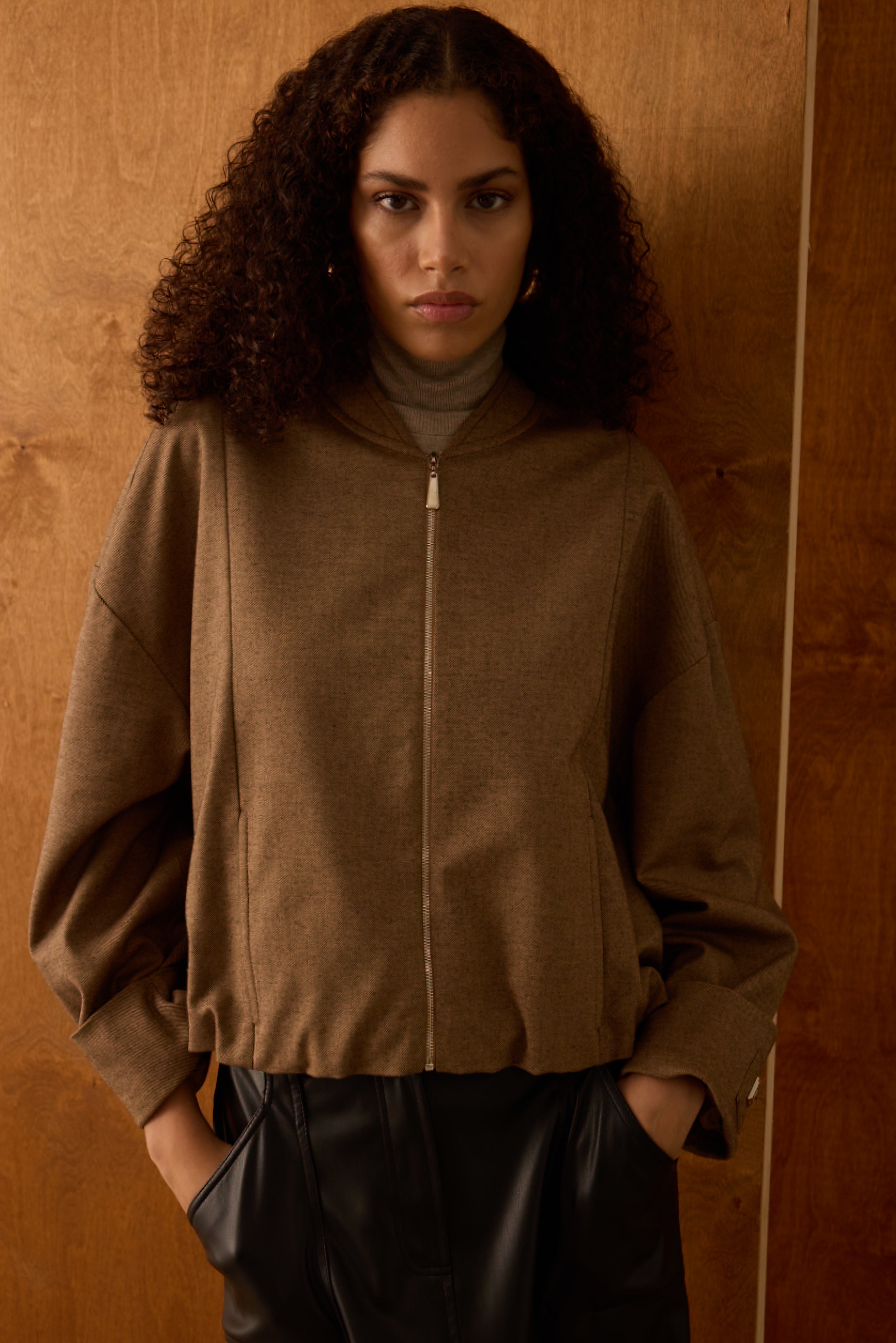 Diagonal-Kahverengi Fermuarlı Bomber Ceket-Ceket-7-Milagron.com