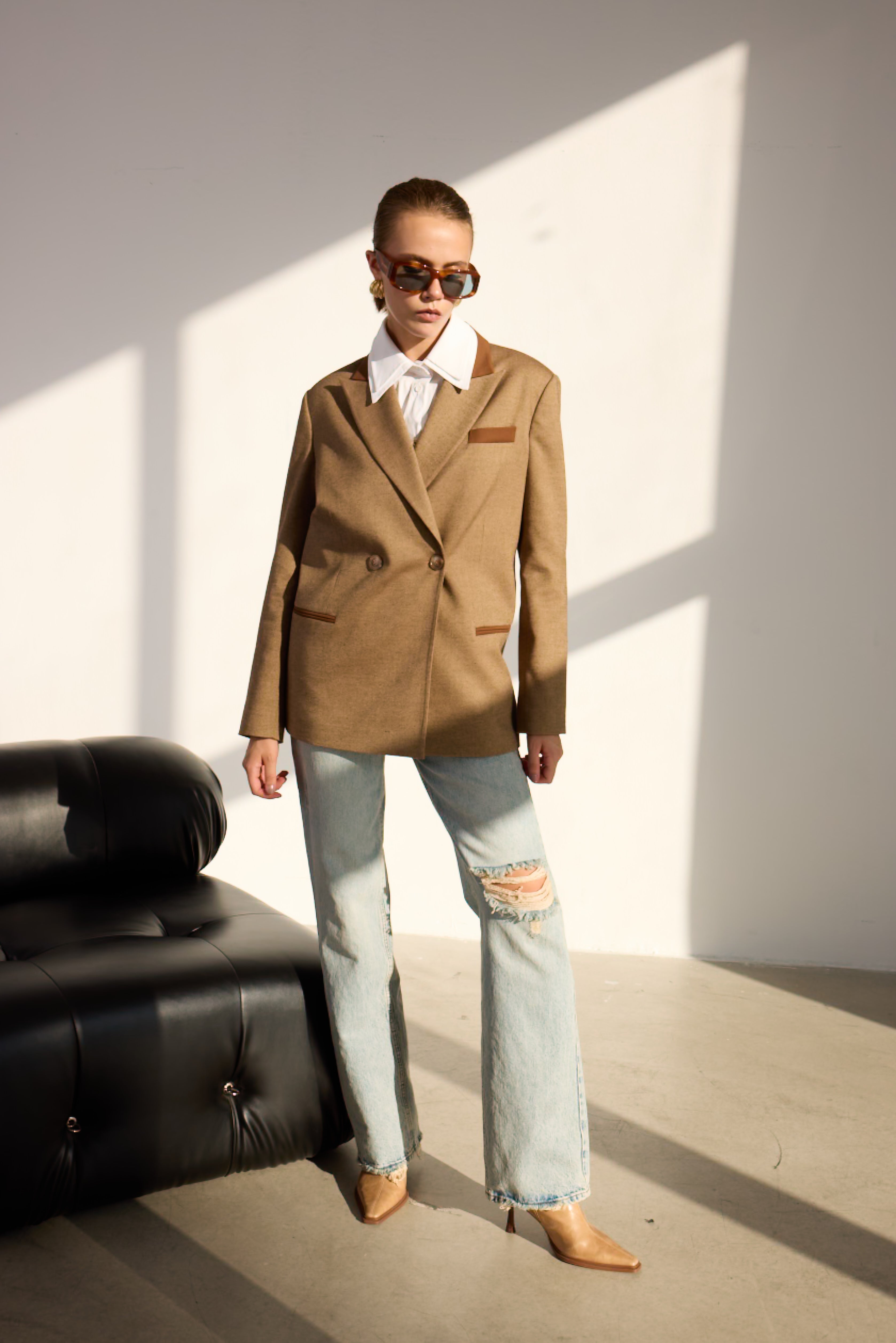 Diagonal-Kahverengi Kruvaze Blazer Ceket-Ceket-4-Milagron.com