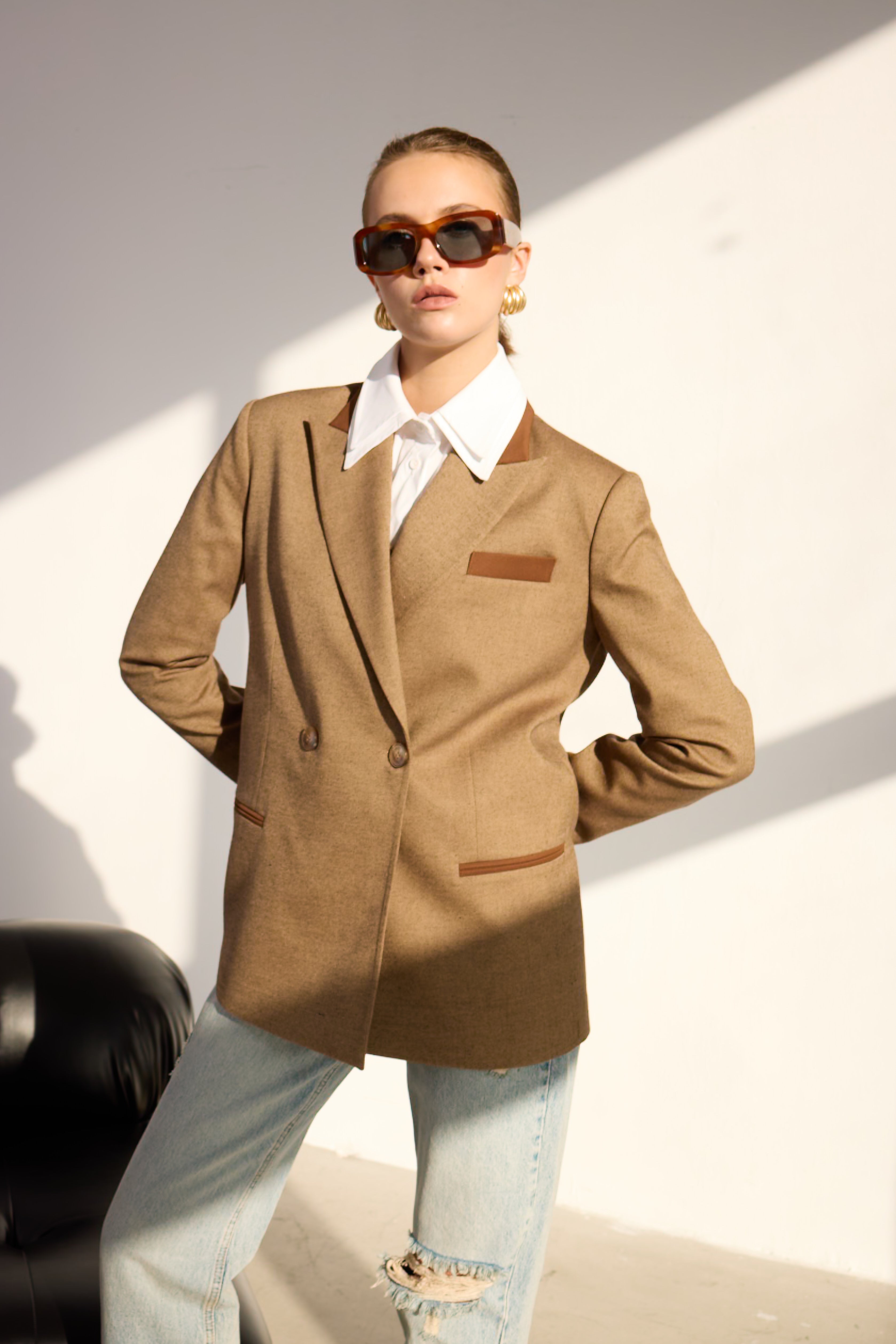 Diagonal-Kahverengi Kruvaze Blazer Ceket-Ceket-7-Milagron.com