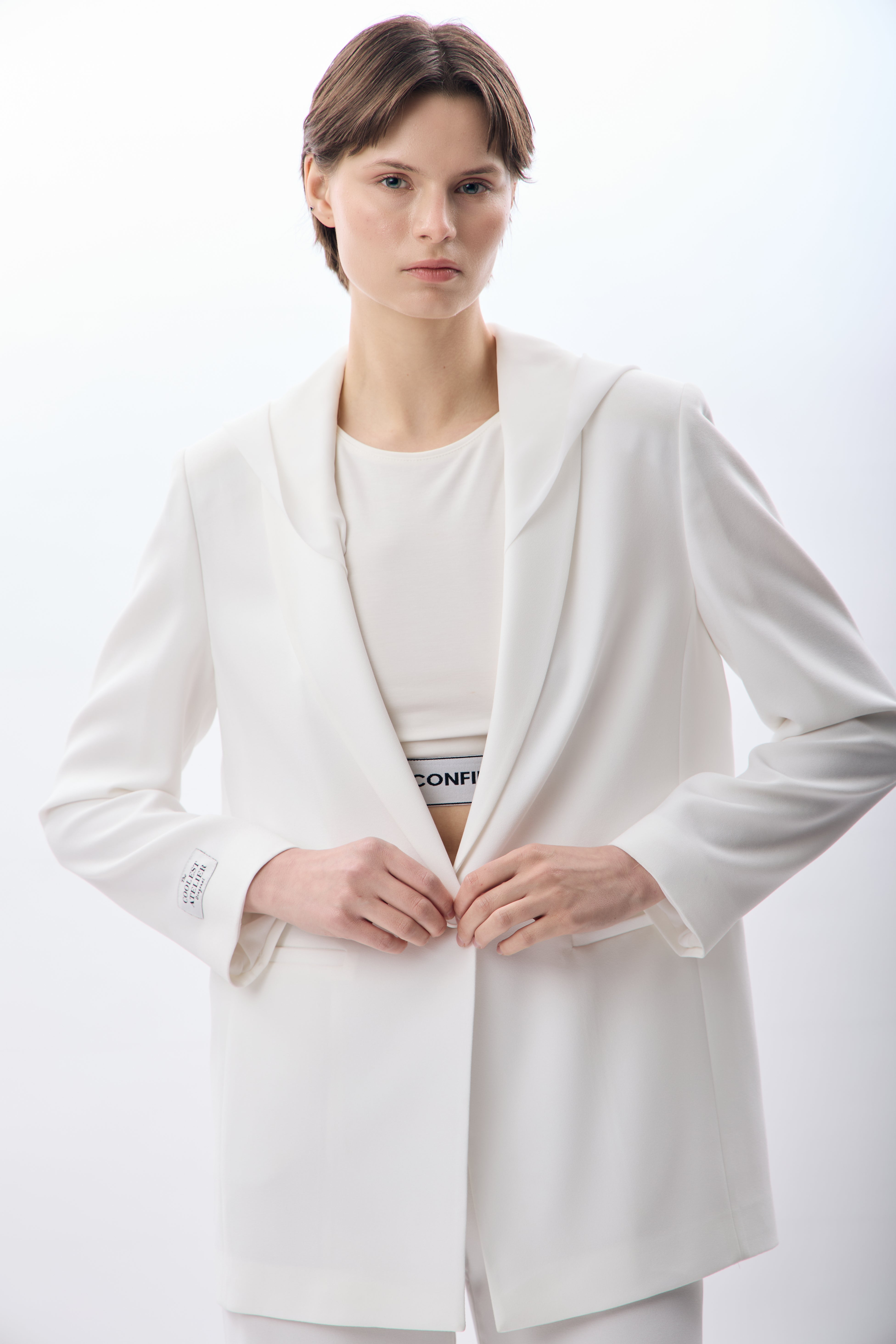 Diagonal-Kapüşonlu Blazer Ceket (Ekru)-CEKET-3-Milagron.com