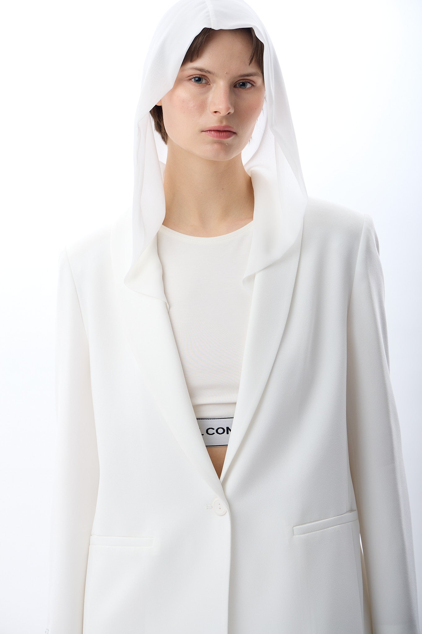 Diagonal-Kapüşonlu Blazer Ceket (Ekru)-CEKET-5-Milagron.com