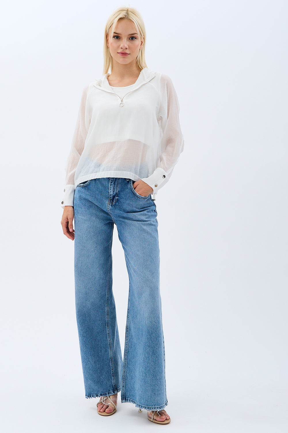 Diagonal-Kapüşonlu Bluz (Ekru)-BLUZ-6-Milagron.com