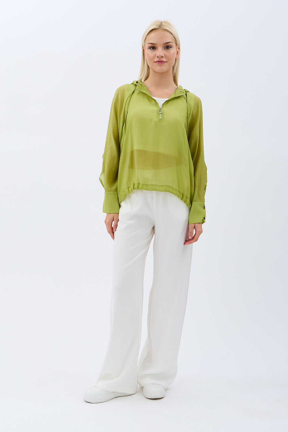 Diagonal-Kapüşonlu Bluz (Yeşil)-BLUZ-9-Milagron.com